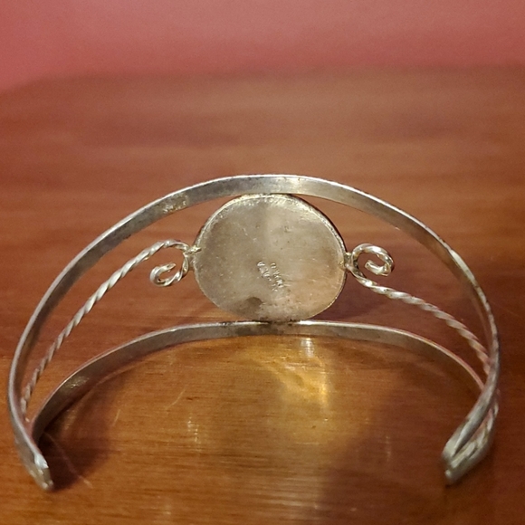 Vintage Alpaca Silver Inlaid Bracelet Cuff Flower - Picture 2 of 4